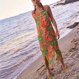 GANNI Printed Light Crepe Slip Dress, Vibrant Orange, FR36/US4